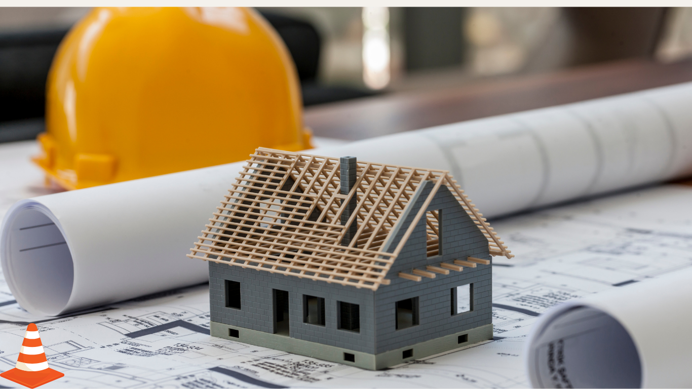 Page d'accueil Image, une maison construite avec des logos et du bois, papiers blanc, casquette orange